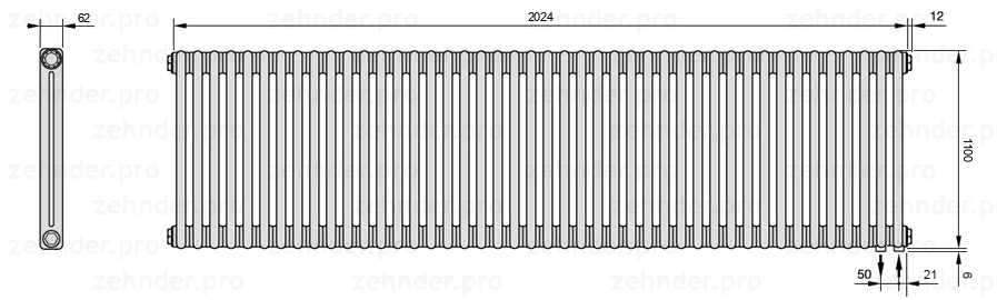 Схема (чертеж) Радиатор Zehnder Charleston 2110/44 №5510 Белый глянцевый RAL 9016